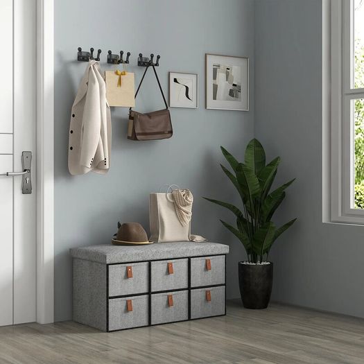 Shoe Storage Bench with Cushion and 6 Fabric Drawers for Entryway