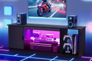 TV Stand  Modern Entertainment Center with Light Strip, Wooden TV Cabinet Storage with Glass Shelf and Adjustable Shelves