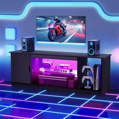 TV Stand  Modern Entertainment Center with Light Strip, Wooden TV Cabinet Storage with Glass Shelf and Adjustable Shelves