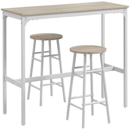 High bar table set + 2 stools, steel frame, natural wood-effect top, 2-person, white