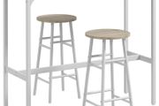 High bar table set + 2 stools, steel frame, natural wood-effect top, 2-person, white
