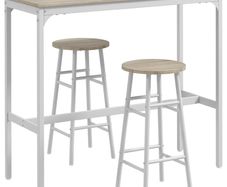 High bar table set + 2 stools, steel frame, natural wood-effect top, 2-person, white