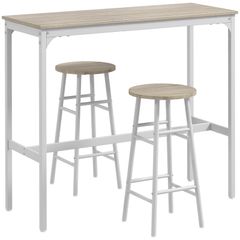 High bar table set + 2 stools, steel frame, natural wood-effect top, 2-person, white