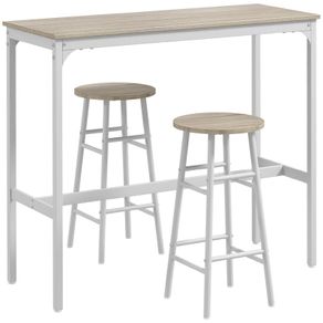 High bar table set + 2 stools, steel frame, natural wood-effect top, 2-person, white
