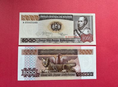 Bolivia. 5,000 Pesos. 1984. Pick  168a. Low Serial Number.  ( Uncirculated )