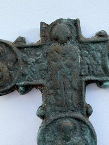 Rare Medieval / Byzantine Bronze Encolpion Cross - Prominent Circular Medallions