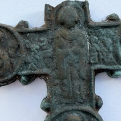 Rare Medieval / Byzantine Bronze Encolpion Cross - Prominent Circular Medallions