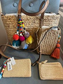 Parfois straw set : tote bag, crossbody bag, two wallets.