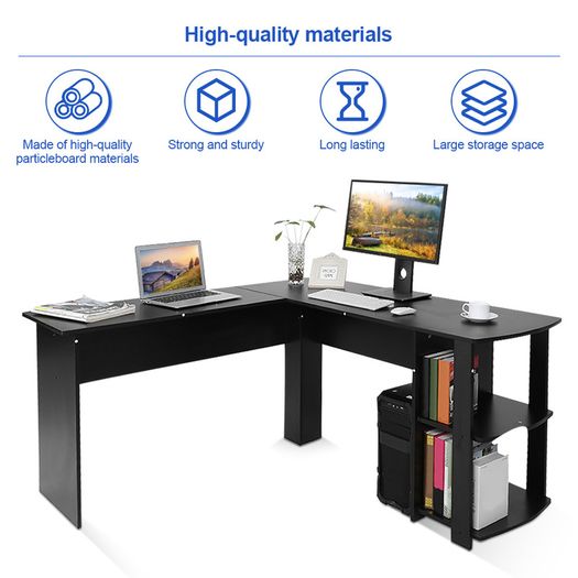 _Utility Wooden Office Computer Writing Desk Home Gaming PC Furnitur L-Shape Corner Study Computer Table With Book Shelf (black)