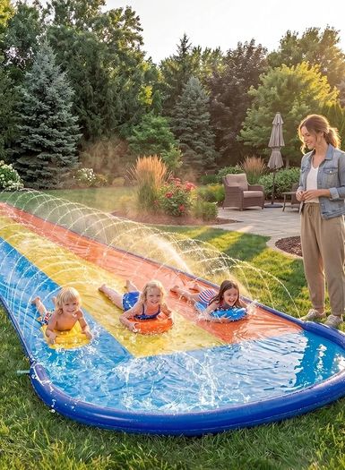 18ft/548cm Triple Lanes Water Slides and 3 bodyboards, Backyard Lawn Water Slides with Sprinkler for Kids Adults Outdoor Water Toy fun in summer for Kids Adults