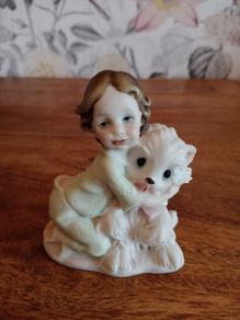 Vintage Italian Signed Ceramic Girl & Dog Figurine