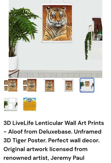 3D LiveLife Lenticular Wall Art Prints - Aloof From Deluxe Base - Unframed 3D Tiger - Size - 40cm x 30cm - RRP - 18.99
