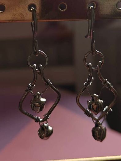 Stainless Steel Earrings with Bells, Handmade Wire Art, Geometric Dangles