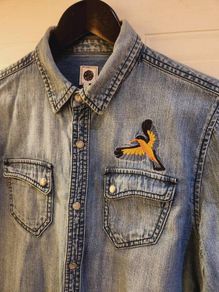 Pretty Green Embroidered Bird Vintage Denim Shirt with Pearl Effect Buttons XS Rare