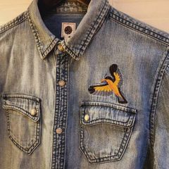 Pretty Green Embroidered Bird Vintage Denim Shirt with Pearl Effect Buttons XS Rare