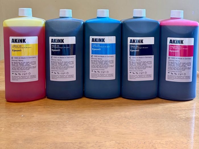 Premium Akink Dye refill Ink set (5 x approx. 1L bottles: Cyan, Magenta, Yellow, and 2 x Black