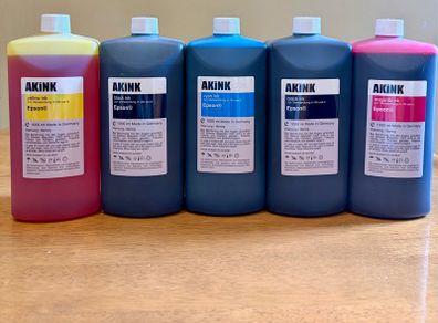 Premium Akink Dye refill Ink set (5 x approx. 1L bottles: Cyan, Magenta, Yellow, and 2 x Black