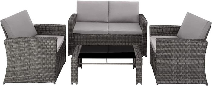 polyrattan seating group for 4 people, 12 pieces, garden furniture set with sofa, armchair and table, including seat and back cushions, for garden, terrace and balcony (grey)