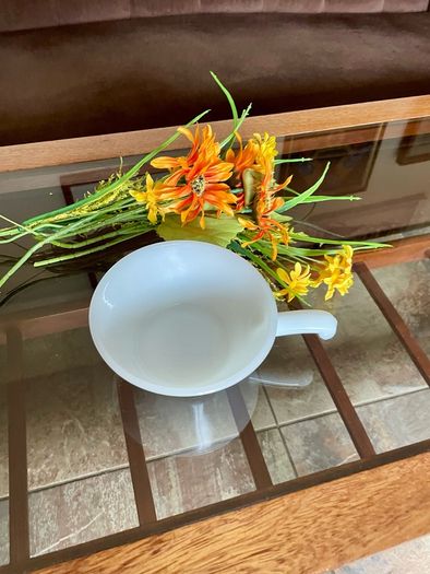 Vintage Mid Century Anchor Hocking Fire King Ovenproof Milk Glass Bowl with Handle 1960 1970s