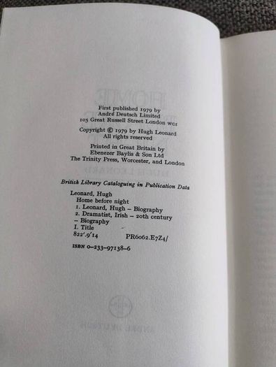 Hugh Leonard Autobiography Home Before Night 1979 first edition hardback with dustcover in very good condition FREE STANDARD POSTAGE INCLUDED