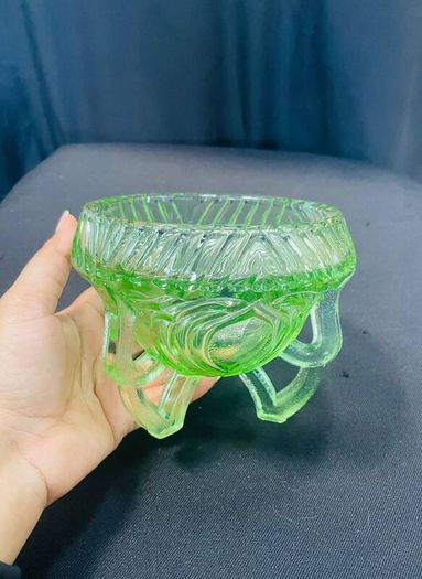Vintage Sowerby Green glass bowl on three feet