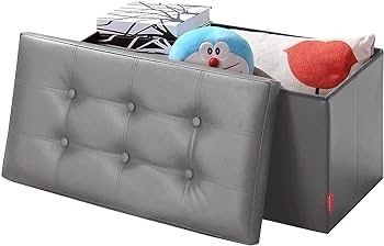 NEW SALE | Folding Ottoman Bench Storage Box with Lid, Large Storage Seat Faux Leather Footstool Toy Storage Box, Brown, 76 x 38 x 38 cm