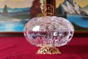 Killarney Crystal Cut Crystal Glass With Number 25 Lidded Jewelry Dish / Bowl With 22 Carat Gold Cover Handle and Footed Base Finishing Made In Ireland