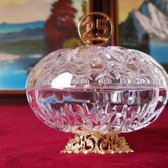 Killarney Crystal Cut Crystal Glass With Number 25 Lidded Jewelry Dish / Bowl With 22 Carat Gold Cover Handle and Footed Base Finishing Made In Ireland