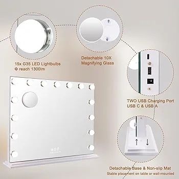 Hollywood Vanity Cosmetic Mirror For Makeup with Lights, Type-C and USB Output Port, 15 Bulbs 3 Lighting Modes Tabletop and Wall Mounted
