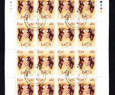 2004 Ireland Love/ Greetings Commemorative Stamp Sheetlet Plate 1B1B1B1B Fine CDS Used with Dublin cancel of 30th January 2004 (First day of issued) on envelope extract