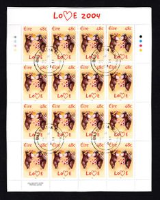 2004 Ireland Love/ Greetings Commemorative Stamp Sheetlet Plate 1B1B1B1B Fine CDS Used with Dublin cancel of 30th January 2004 (First day of issued) on envelope extract