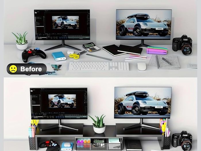 Dual Monitor Stand Riser, Metal Monitor Desk Accessories with Drawer and 2 Pen Holder, Adjustable Length and Angle - Computer Monitor Stand for Screen, Computer, Printer (Metal Black)
