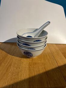 Vintage koi fish Chinese rice bowls and spoons