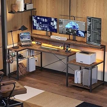 181CM L Shaped Corner Desk with Power Outlets LED Lights Gaming Desk with Long Monitor Stand Large Computer Desk with Storage Shelf Cup Holder Headset Hooks Ideal for Gaming Room