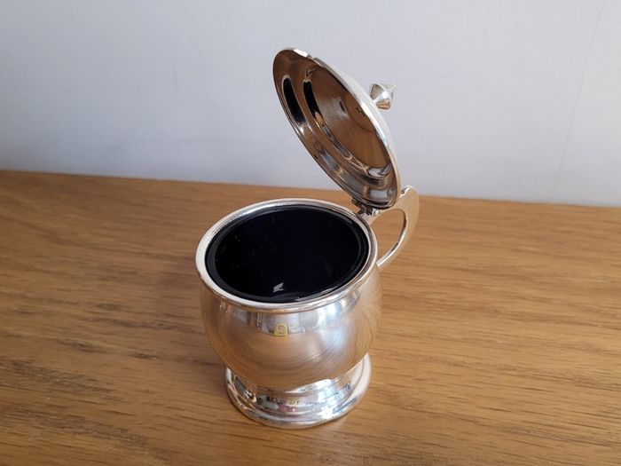 Vintage  English Silver plate mustard pot with cobalt glass liner