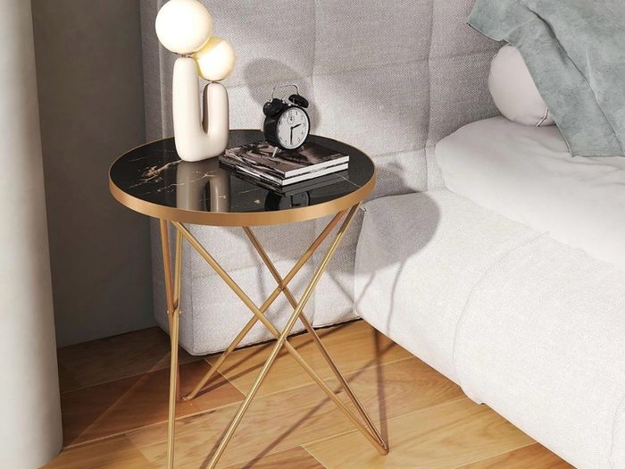 Marble Round Side Table for Living Room, Black Gold Coffee Table Glass Coffee Table, Marble Effect Tabletop, Gold Metal Frame