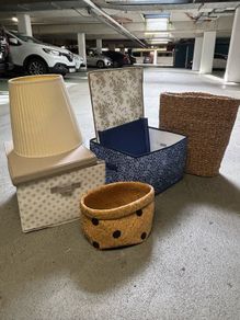 Storage Boxes, baskets and lamp shade