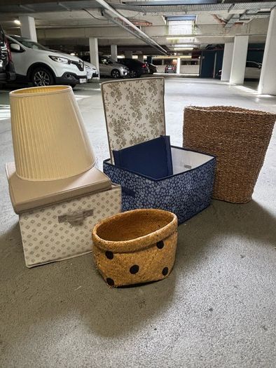 Storage Boxes, baskets and lamp shade