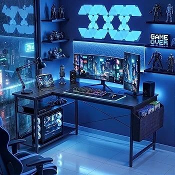 L Shaped Corner Desk - 100x70 cm Study Office Gaming Desk, Computer Desk Small Writing Table, Large Reversible Storage Shelves, Bookshelf Workstation for Study Play Work Bedroom Home Office