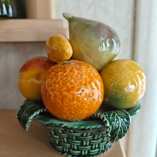 vintage 1960s Portugal made Majolica style ceramic fruit basket centerpiece very retro