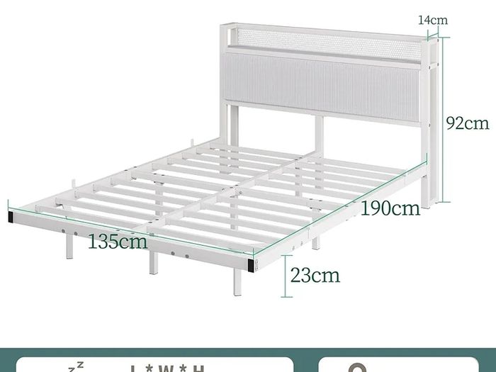 Floating Double Metal Bed Frame with LED Lights & USB Charging Station,135x190cm Metal Platform Bed Frame with 4ft6 Upholstered Headboard Storage,Heavy Duty Metal Slats,Noise Free/Shiny White