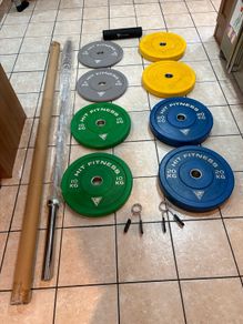 Olympic Coloured Bumper Weight Plates, 7 Foot Full Length Olympic Barbell, Collars + Squar Pad!