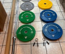 Olympic Coloured Bumper Weight Plates, 7 Foot Full Length Olympic Barbell, Collars + Squar Pad!