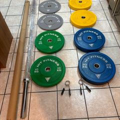 Olympic Coloured Bumper Weight Plates, 7 Foot Full Length Olympic Barbell, Collars + Squar Pad!