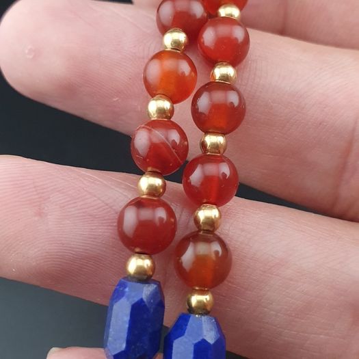 Antique 4 Eyes Himalayan Tibetan Agate With African Carnelian & Lapis Necklace