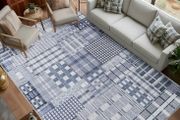 120x160cm, Blue Grey Vintage Rug, Modern Abstract Area Rugs, Non-Slip Carpet, Low Pile, Non-Shedding, Grid Printed Design, Dining Room, Home Office, Bedroom