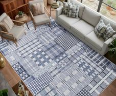120x160cm, Blue Grey Vintage Rug, Modern Abstract Area Rugs, Non-Slip Carpet, Low Pile, Non-Shedding, Grid Printed Design, Dining Room, Home Office, Bedroom