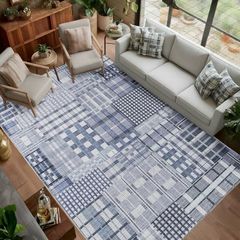 120x160cm, Blue Grey Vintage Rug, Modern Abstract Area Rugs, Non-Slip Carpet, Low Pile, Non-Shedding, Grid Printed Design, Dining Room, Home Office, Bedroom
