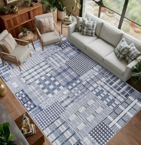 120x160cm, Blue Grey Vintage Rug, Modern Abstract Area Rugs, Non-Slip Carpet, Low Pile, Non-Shedding, Grid Printed Design, Dining Room, Home Office, Bedroom