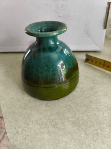 Vintage Small GREEN GLEAZED Studio Pottery BUD VASE by Youghal Pottery of Ireland .